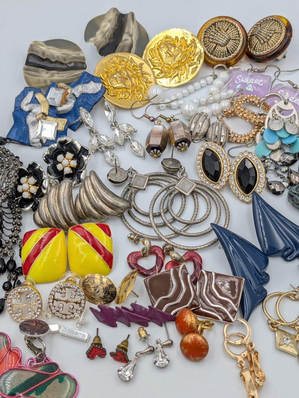 34 pairs of earrings lot - vintage studs, dangle, clip on, and more